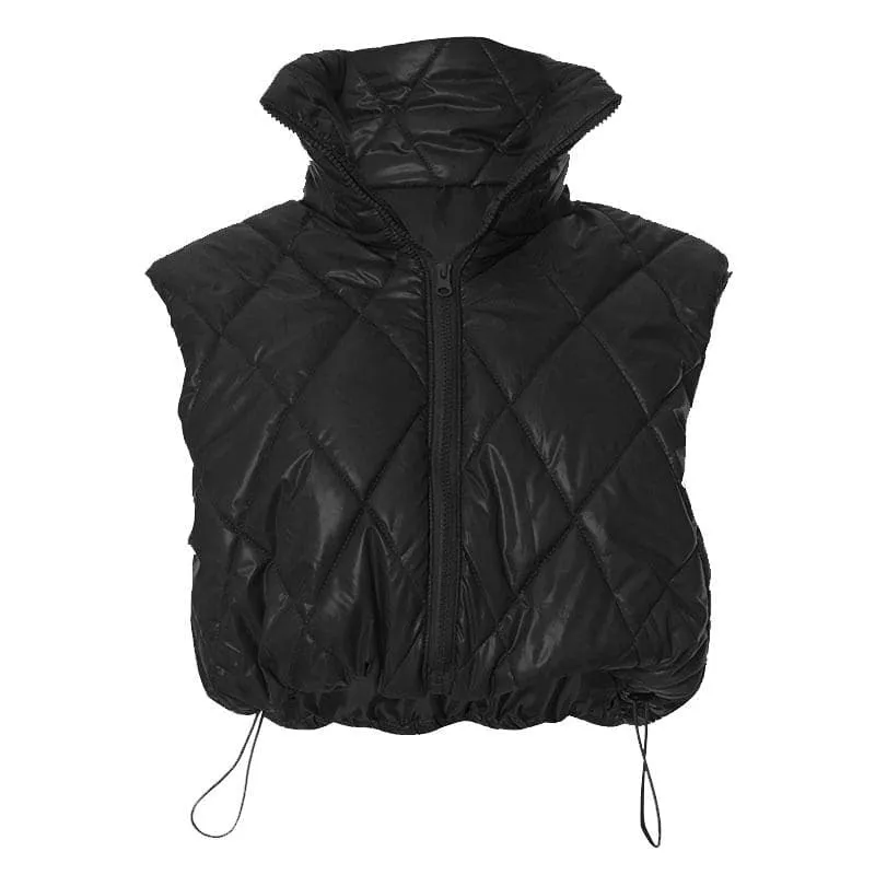 Turnover collar zip-up drawstring sleeveless coat top