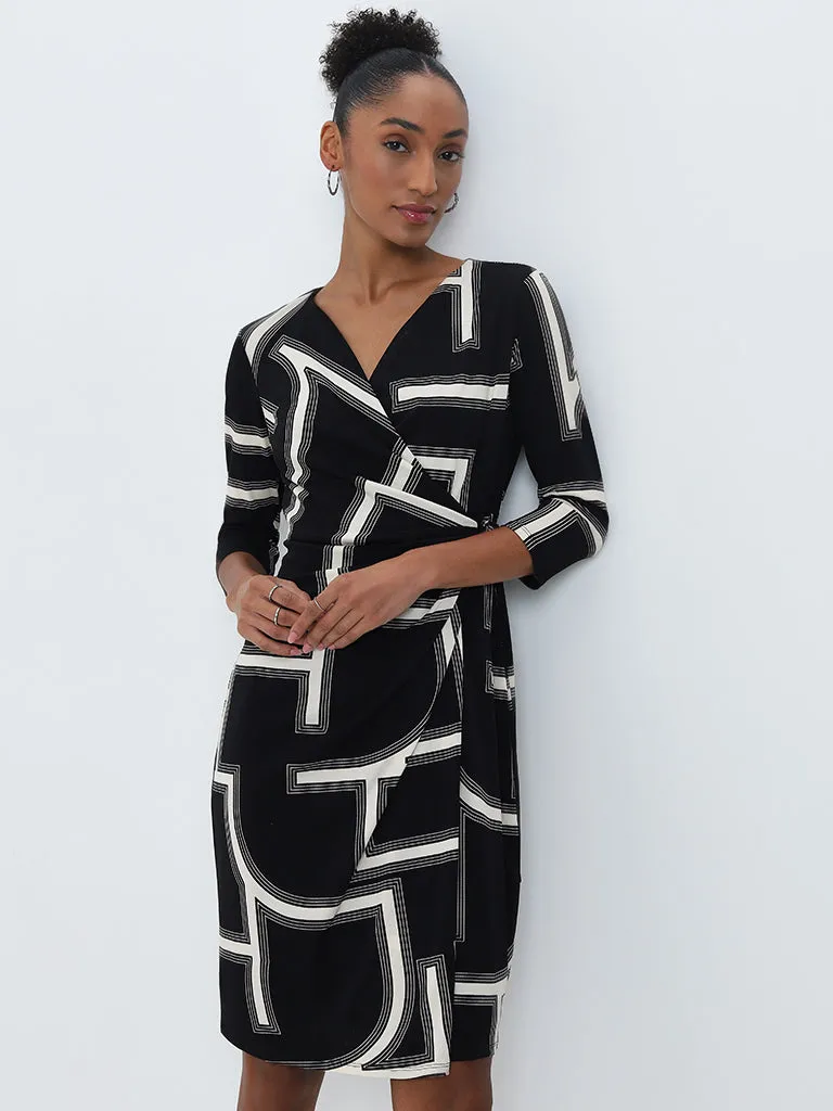 Wardrobe Black Abstract Printed Wrap Dress