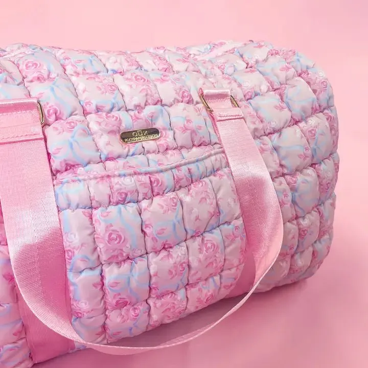 Watercolor Floral Bow Quilted Weekender Duffle Bag