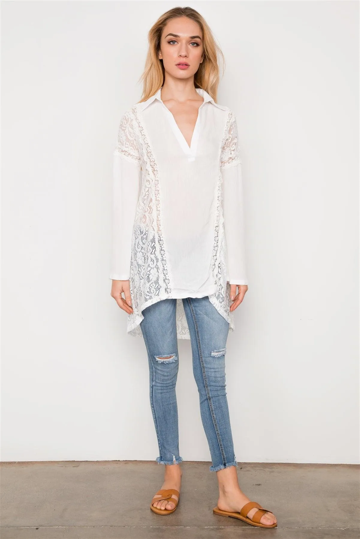 White Combo Lace Bell Sleeve Tunic Top / 2-2-2