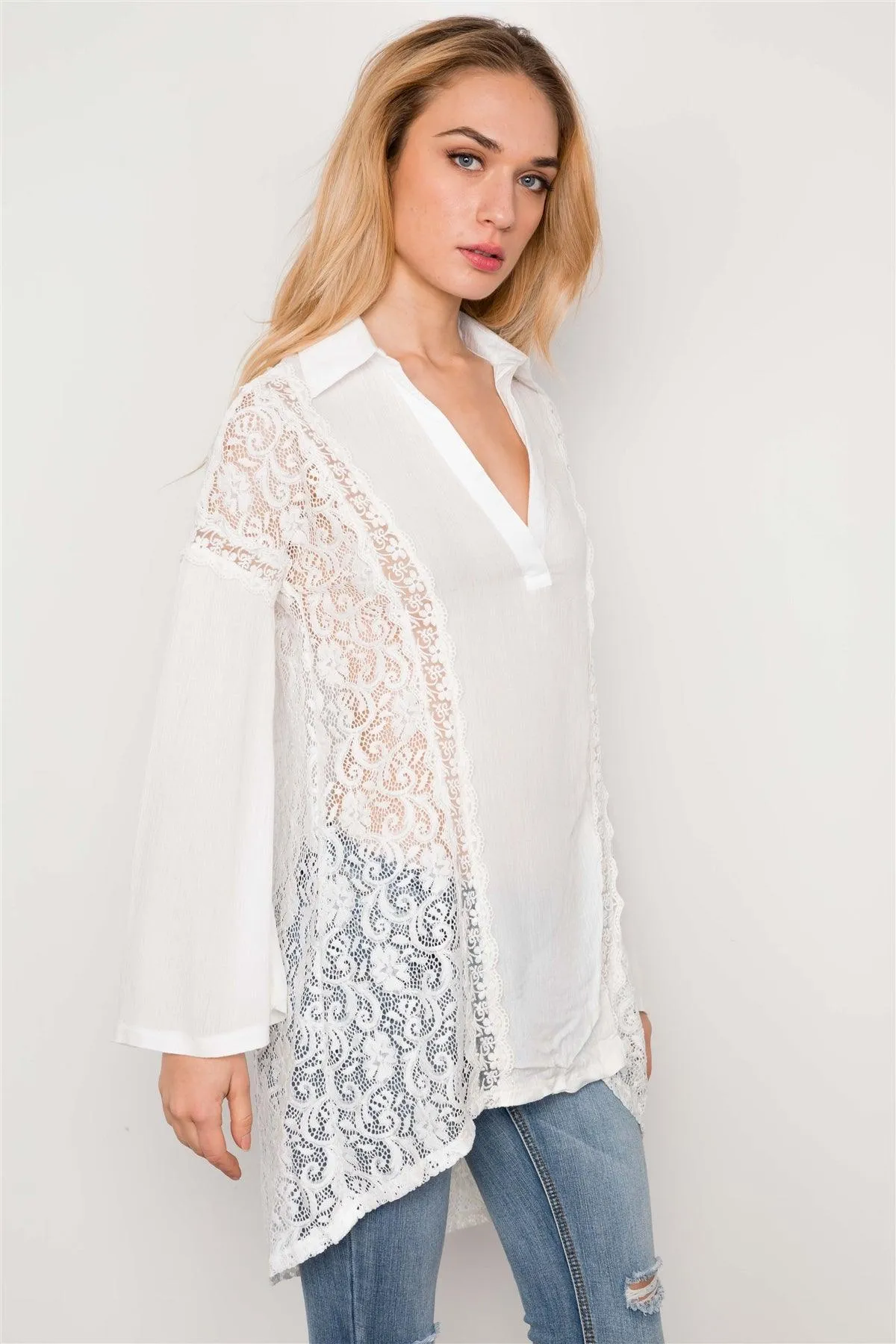 White Combo Lace Bell Sleeve Tunic Top / 2-2-2