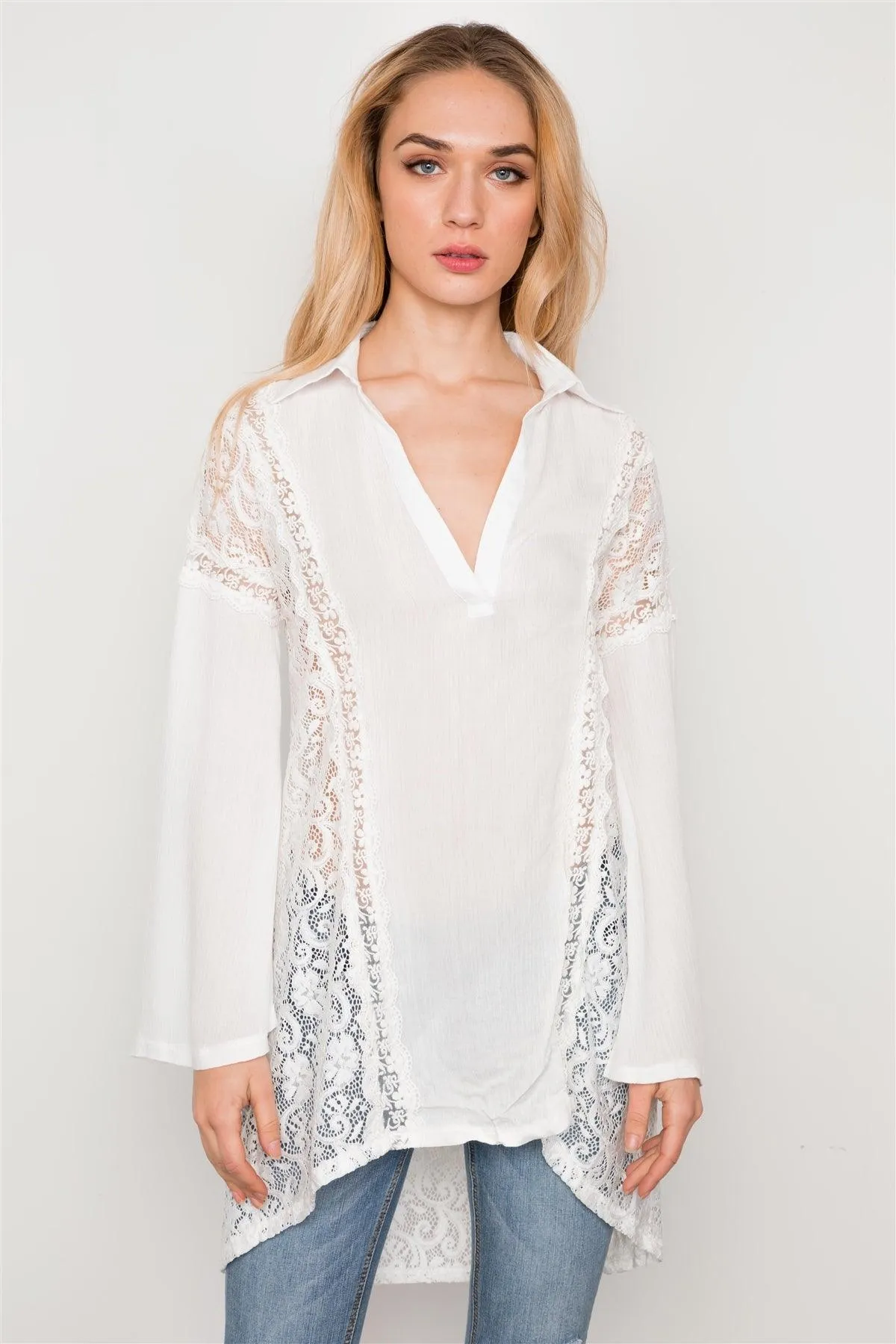 White Combo Lace Bell Sleeve Tunic Top / 2-2-2
