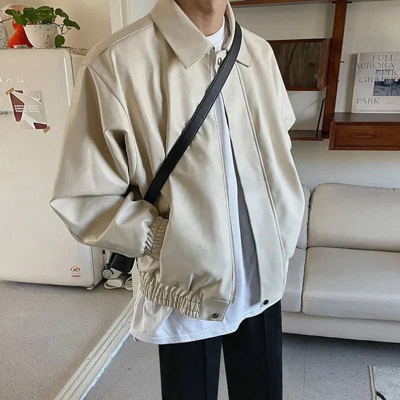 Wiaofellas  -  Leather PU Jackets Men's Spring And Spring New Loose Fashion Male Korean Casual Streetwear Lapel Zipper Coat New 2Y220