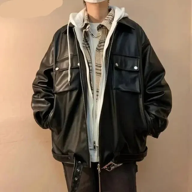 Wiaofellas Men Leather Jacket Long Sleeve American Vintage Hooded Jacket Streetwear PU Business Casual Motorcycle Jacket Coat Biker Jacket