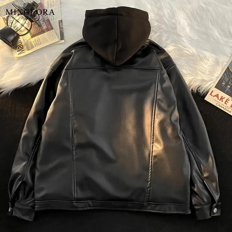 Wiaofellas Men Leather Jacket Long Sleeve American Vintage Hooded Jacket Streetwear PU Business Casual Motorcycle Jacket Coat Biker Jacket
