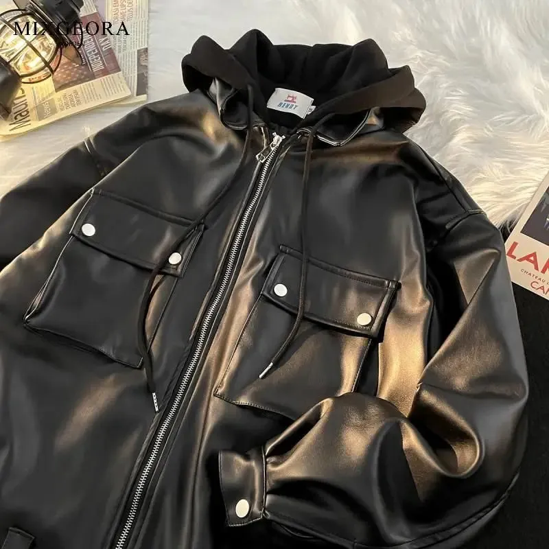 Wiaofellas Men Leather Jacket Long Sleeve American Vintage Hooded Jacket Streetwear PU Business Casual Motorcycle Jacket Coat Biker Jacket