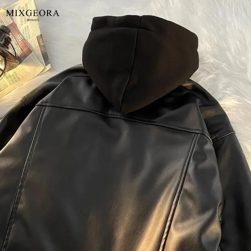 Wiaofellas Men Leather Jacket Long Sleeve American Vintage Hooded Jacket Streetwear PU Business Casual Motorcycle Jacket Coat Biker Jacket