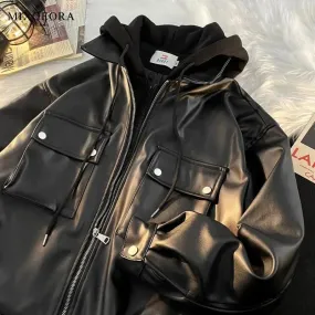 Wiaofellas Men Leather Jacket Long Sleeve American Vintage Hooded Jacket Streetwear PU Business Casual Motorcycle Jacket Coat Biker Jacket