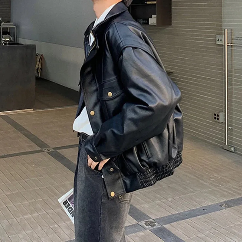 Wiaofellas  -  Men Winter Outdoor Leather Coat Streetwear Slim Fit Mens Leather Jacket Coat Fall Fashion Stand Collar Zip-up Leather PU Jackets