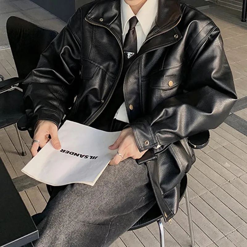 Wiaofellas  -  Men Winter Outdoor Leather Coat Streetwear Slim Fit Mens Leather Jacket Coat Fall Fashion Stand Collar Zip-up Leather PU Jackets