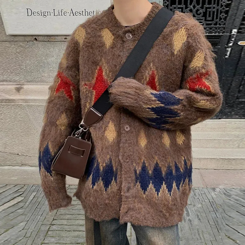Wiaofellas   -  Men's Luxury Knitted Graphic Buttons Cardigan Sweater Coat Long Sleeve Casual Streetwear Stylish Leisure Vintage New