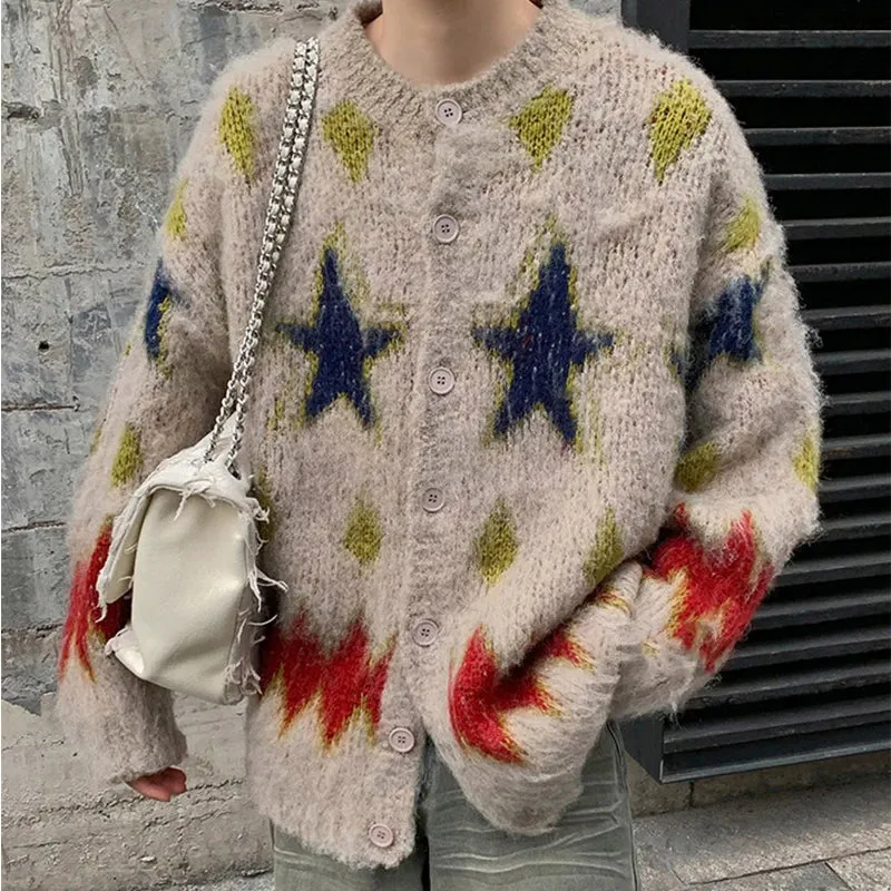 Wiaofellas   -  Men's Luxury Knitted Graphic Buttons Cardigan Sweater Coat Long Sleeve Casual Streetwear Stylish Leisure Vintage New