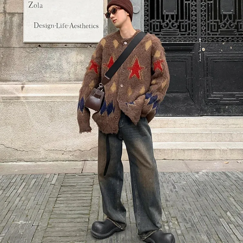 Wiaofellas   -  Men's Luxury Knitted Graphic Buttons Cardigan Sweater Coat Long Sleeve Casual Streetwear Stylish Leisure Vintage New
