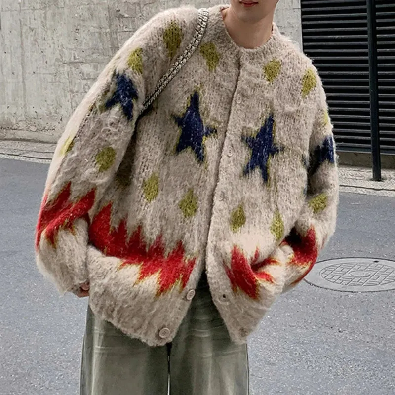 Wiaofellas   -  Men's Luxury Knitted Graphic Buttons Cardigan Sweater Coat Long Sleeve Casual Streetwear Stylish Leisure Vintage New