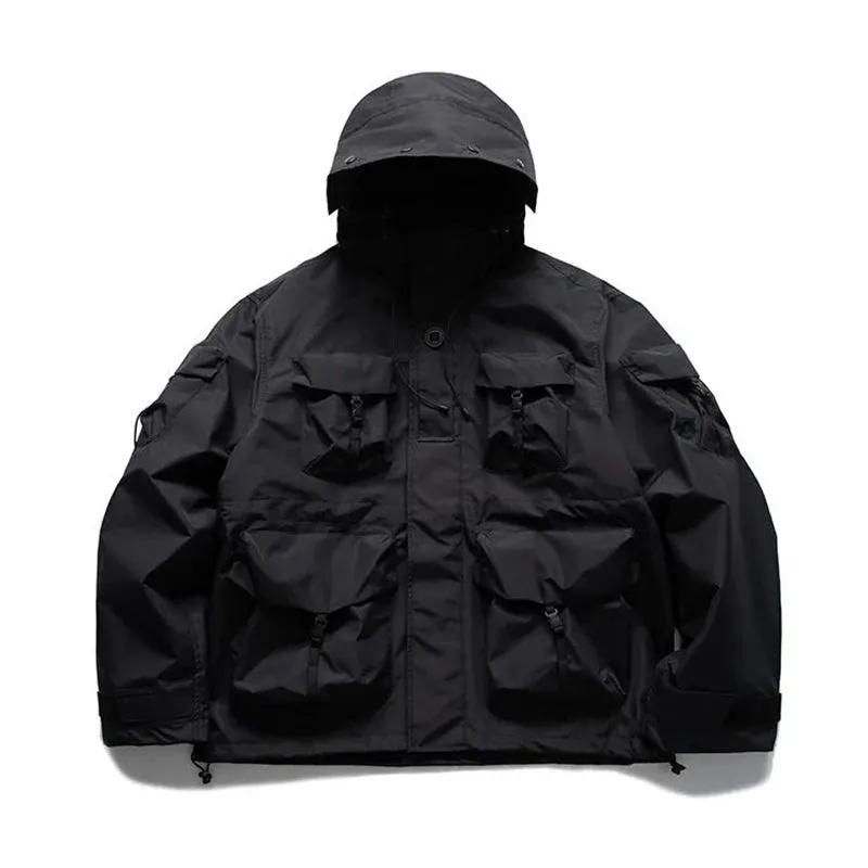 Wiaofellas  -  Outdoor Windbreaker Multi-Pocket Hooded Cargo Jackets Japanese Streetwear Waterproof Coat Harajuku Casual Tactical Men Clothing