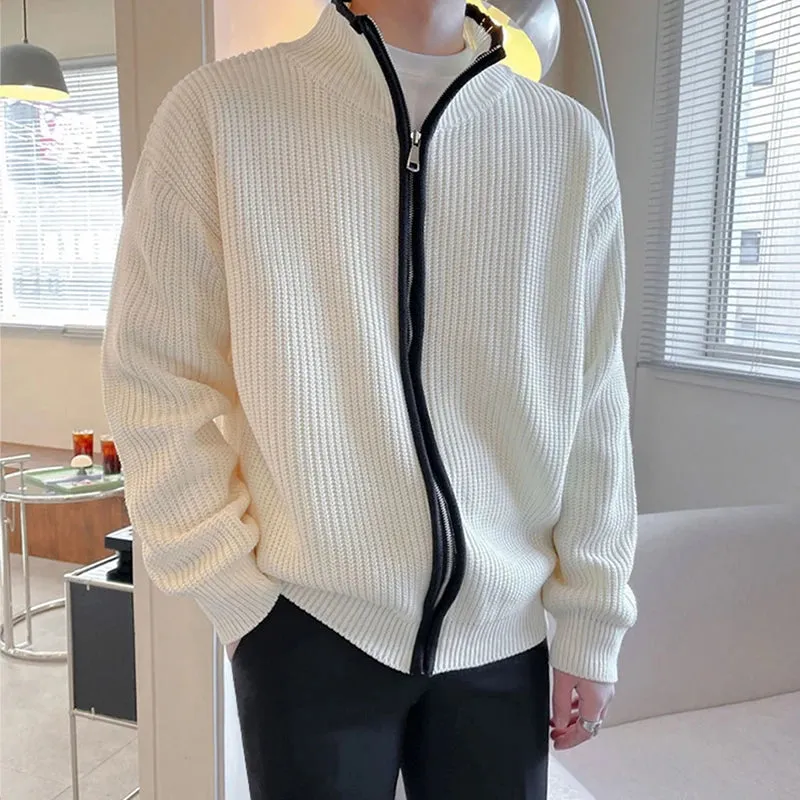 Wiaofellas  -  Winter Men's Luxury Knitted Zipper Cardigan Sweater Stand Collar Solid Color Long Sleeve Casual Streetwear Loose Coat