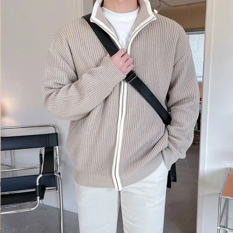 Wiaofellas  -  Winter Men's Luxury Knitted Zipper Cardigan Sweater Stand Collar Solid Color Long Sleeve Casual Streetwear Loose Coat