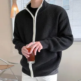 Wiaofellas  -  Winter Men's Luxury Knitted Zipper Cardigan Sweater Stand Collar Solid Color Long Sleeve Casual Streetwear Loose Coat