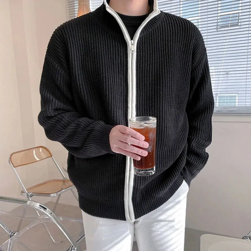 Wiaofellas  -  Winter Men's Luxury Knitted Zipper Cardigan Sweater Stand Collar Solid Color Long Sleeve Casual Streetwear Loose Coat