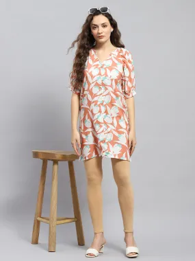 Women Peach Printed Mandarin Collar 3/4 Sleeve Tunic