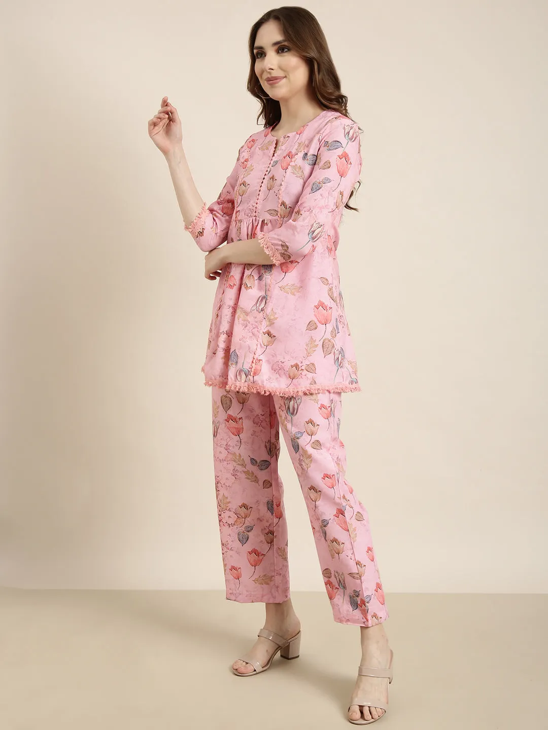 Women Pink Printed Tunic & Palazzos Set