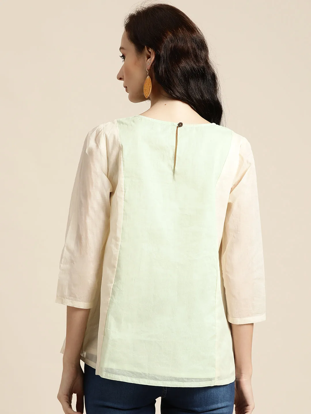 Women Pista Green & White Organdy Top