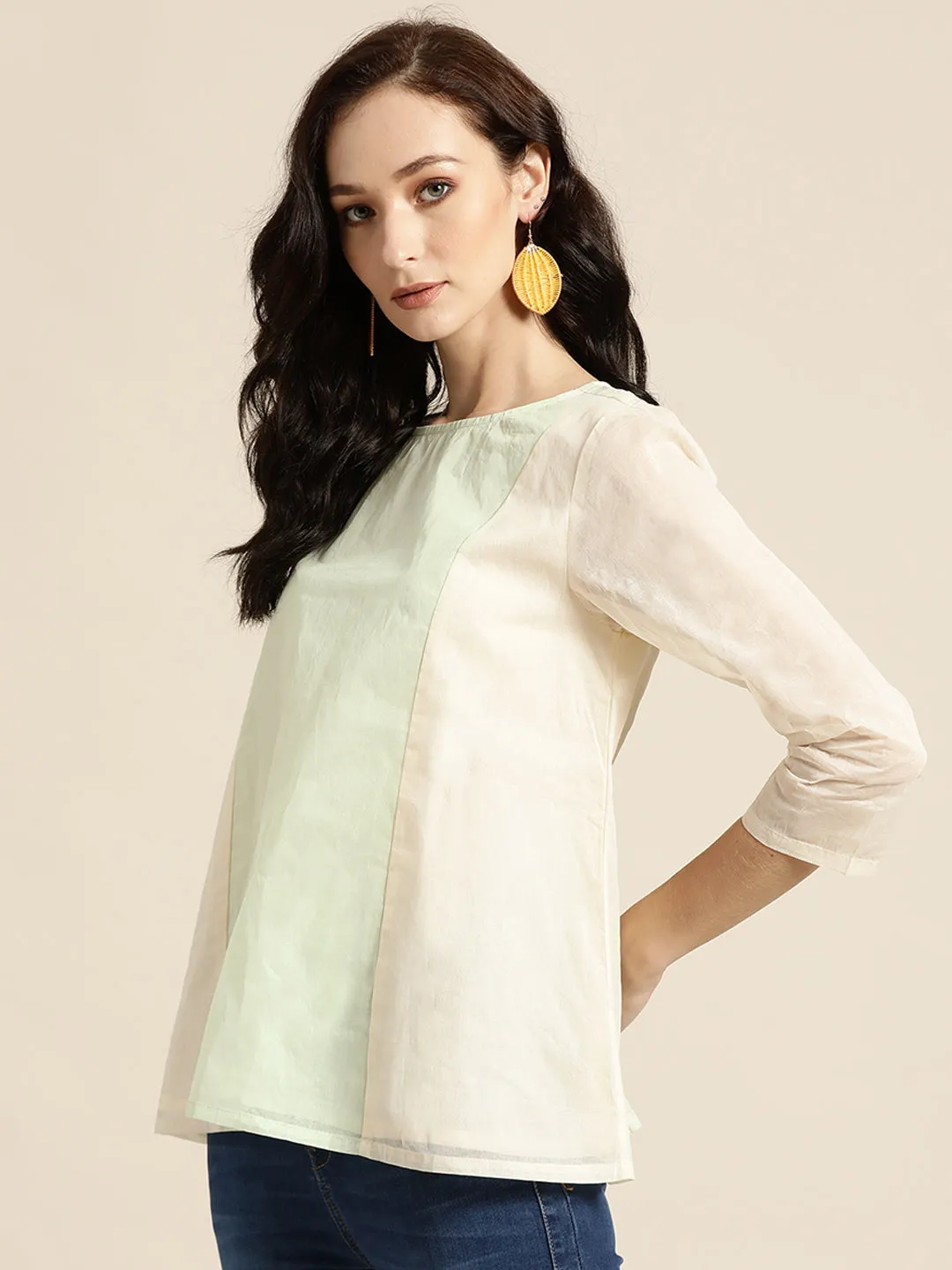 Women Pista Green & White Organdy Top