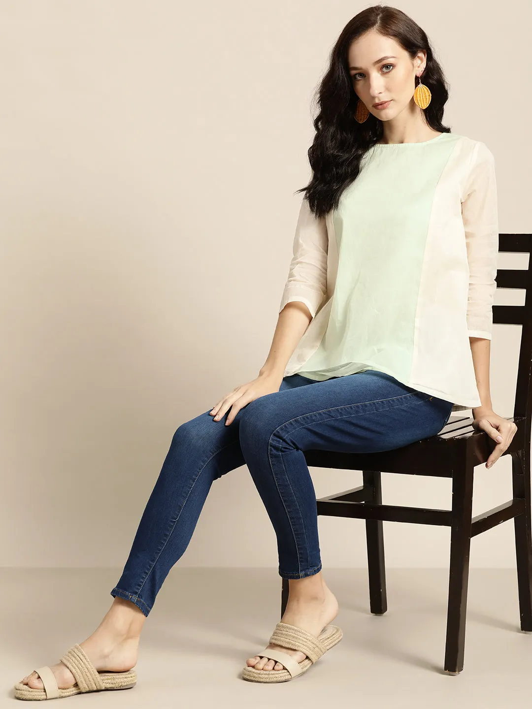 Women Pista Green & White Organdy Top