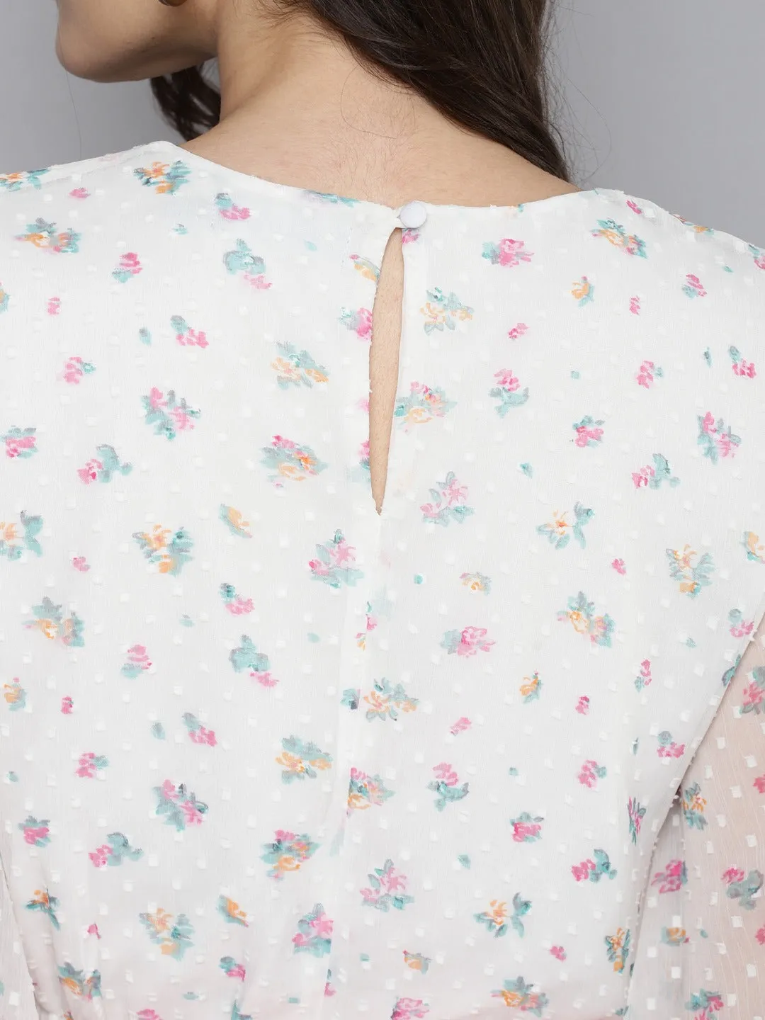 Women White Dobby Floral Butterfly Sleeve Crop Top