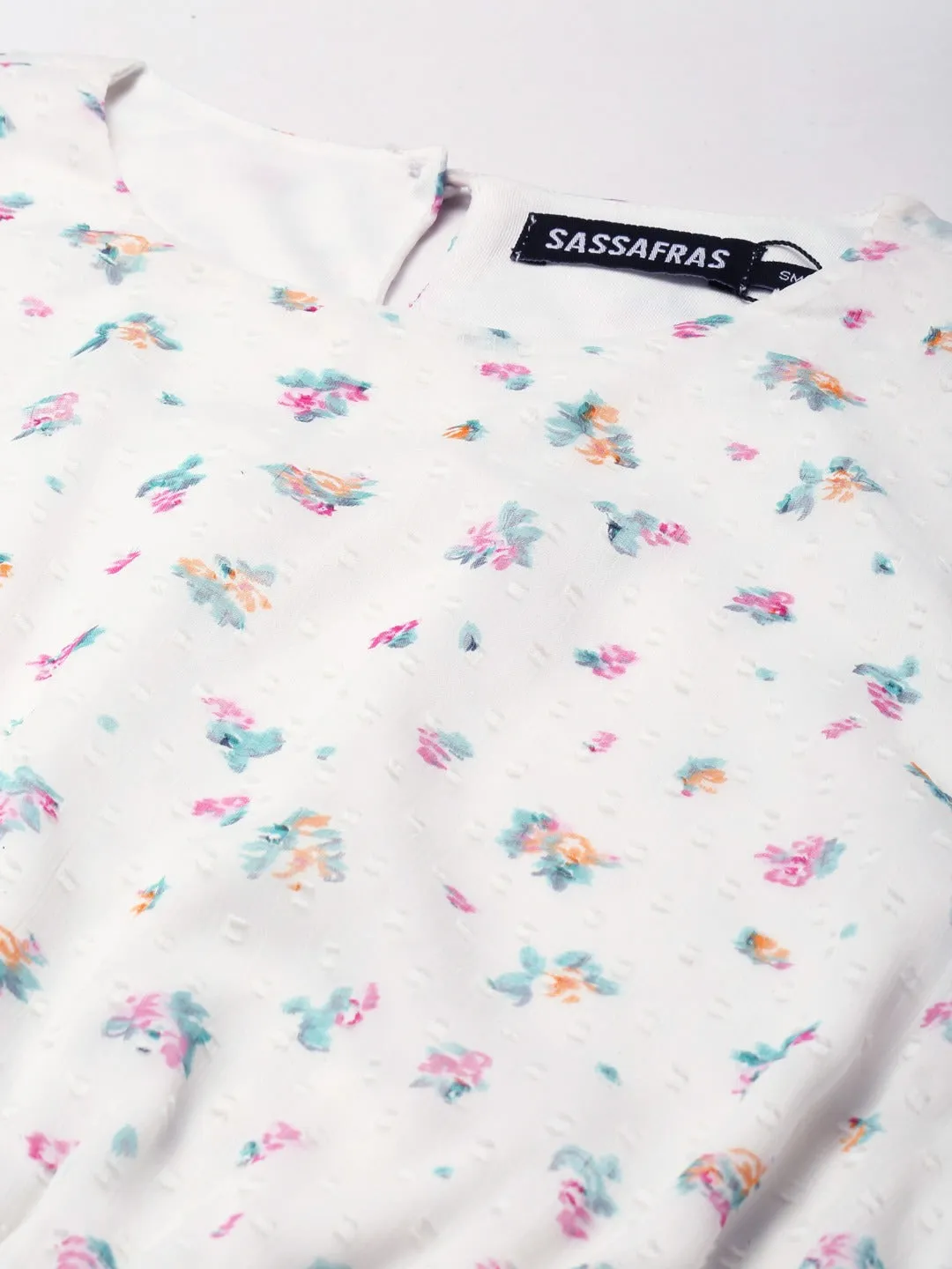 Women White Dobby Floral Butterfly Sleeve Crop Top