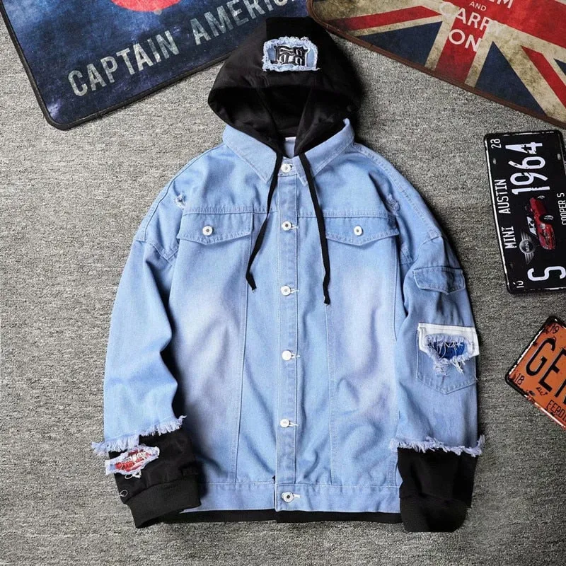 xiangtuibao Men Denim Jacket Streetwear Hip Hop Men's Hooded Jean Jackets Male Casual Outerwear  New Spring Autumn Fashion Slim Fit Coat